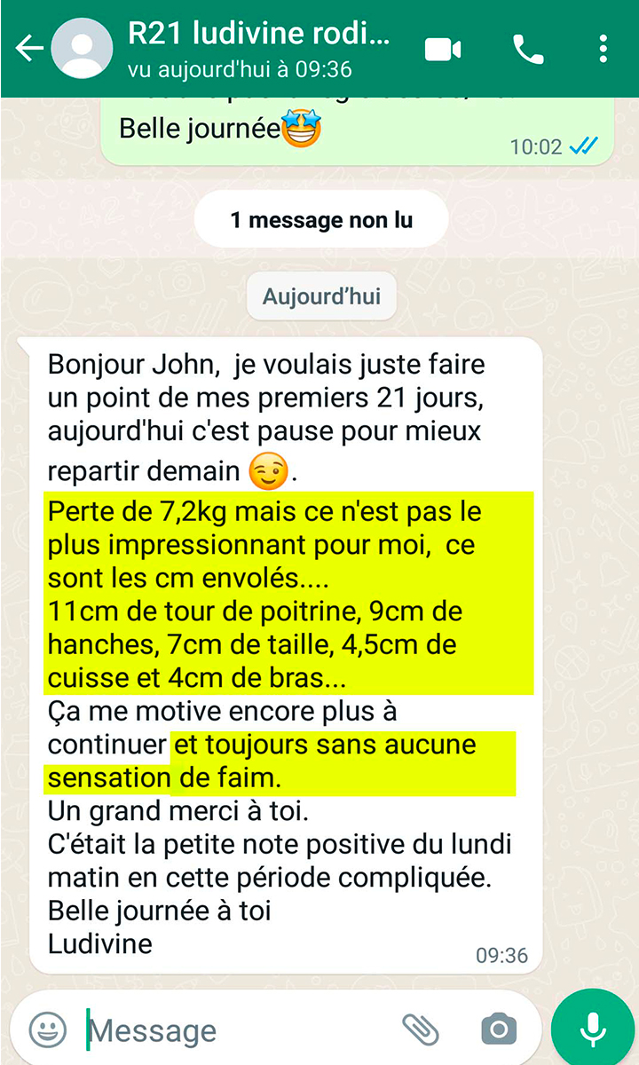 Message WhatsApp de Ludivine, récap des mesures perdues sans sensation de faim