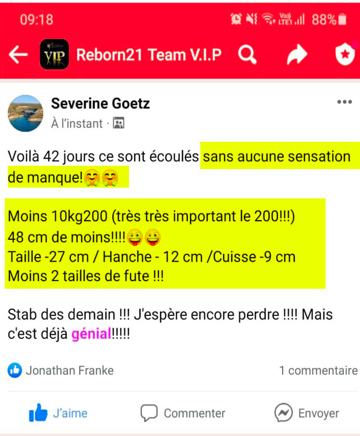Post Facebook de Séverine, -10,2 kg, -48 cm, -2 tailles sans aucune sensation de manque